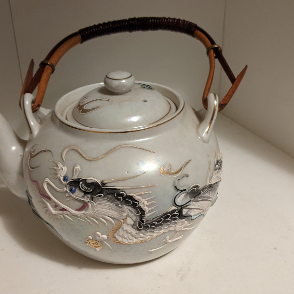 Vintage Dragonware Black and White Ceramic Teapot.